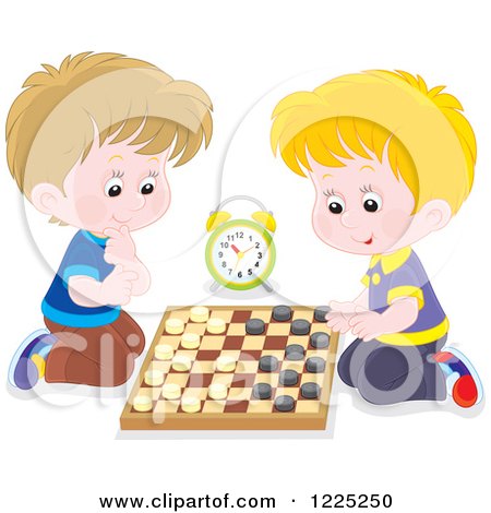 Clipart of Happy Caucasian Boys Playing Checkers - Royalty Free Vector Illustration by Alex Bannykh