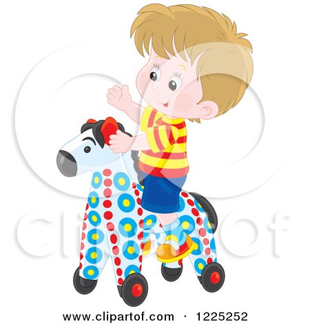 Clipart of a Happy Caucasian Boy Riding a Toy Horse - Royalty Free Vector Illustration by Alex Bannykh