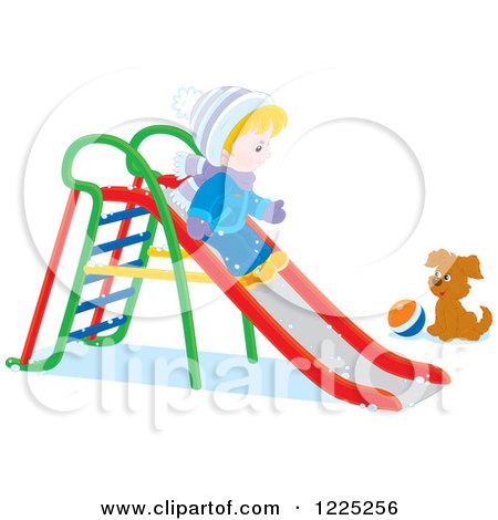 Clipart of a Winter Boy Going down a Slide near a Puppy and Ball - Royalty Free Vector Illustration by Alex Bannykh