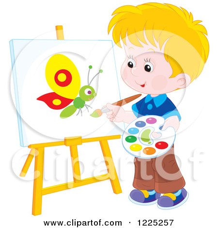Clipart of a Happy Blond Boy Painting a Butterfly on an Art Easel - Royalty Free Vector Illustration by Alex Bannykh