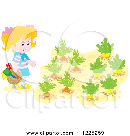 Clipart of a Blond Caucasian Girl with Gardent Ools and Vegetables - Royalty Free Vector Illustration by Alex Bannykh