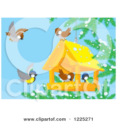 Clipart of Winter Birds Eating Seed from a Suspended House - Royalty Free Vector Illustration by Alex Bannykh