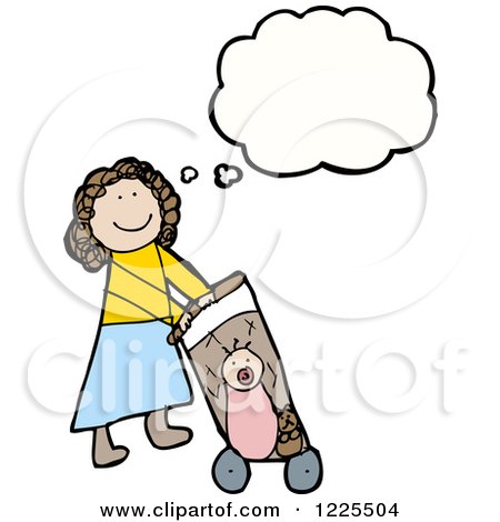 Clipart of a Thinking Girl Pushing a Baby Stroller - Royalty Free Vector Illustration by lineartestpilot