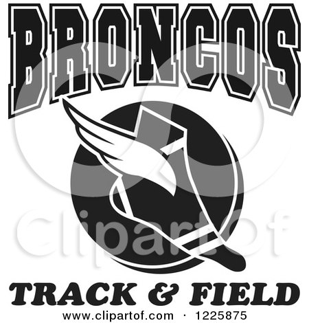 Clipart of a Black and White Winged Shoe with BRONCOS Team Track and Field Text - Royalty Free Vector Illustration by Johnny Sajem