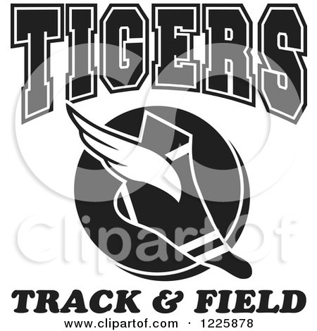 Clipart of a Black and White Winged Shoe with Tigers Team Track and Field Text - Royalty Free Vector Illustration by Johnny Sajem