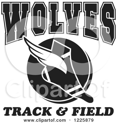 Clipart of a Black and White Winged Shoe with Wolves Team Track and Field Text - Royalty Free Vector Illustration by Johnny Sajem