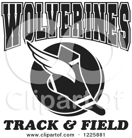 Clipart of a Black and White Winged Shoe with Wolverines Team Track and Field Text - Royalty Free Vector Illustration by Johnny Sajem