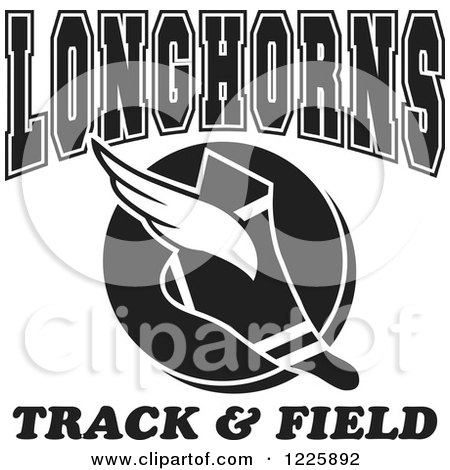 Clipart of a Black and White Winged Shoe with Longhorns Team Track and Field Text - Royalty Free Vector Illustration by Johnny Sajem