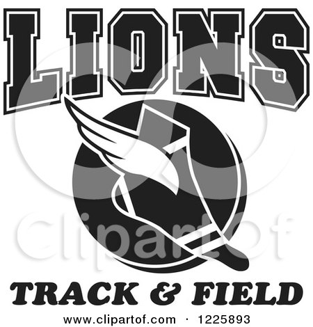 Clipart of a Black and White Winged Shoe with Lions Team Track and Field Text - Royalty Free Vector Illustration by Johnny Sajem