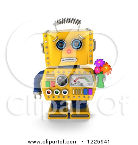 Clipart of a 3d Apologetic Yellow Retro Robot Holding Flowers - Royalty Free Illustration by stockillustrations