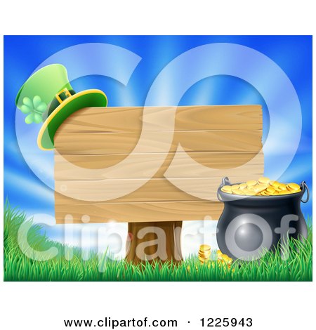 Clipart of a St Patricks Day Leprechaun Hat on a Wooden Sign over Sunshine - Royalty Free Vector Illustration by AtStockIllustration