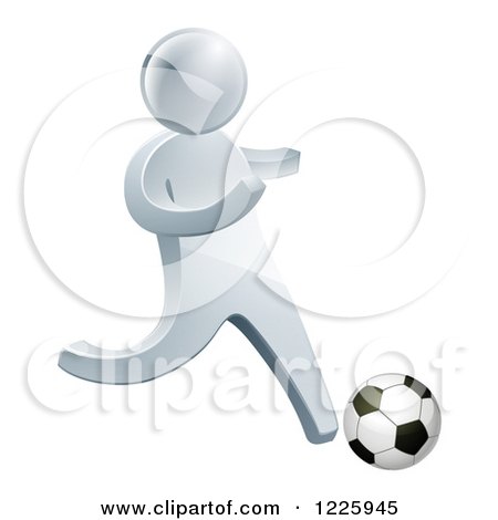 Clipart of a 3d Silver Man Playing Soccer - Royalty Free Vector Illustration by AtStockIllustration
