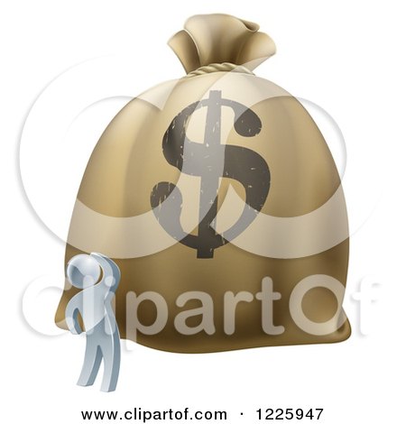 Clipart of a 3d Silver Man Looking up at a Big Dollar Money Bag - Royalty Free Vector Illustration by AtStockIllustration