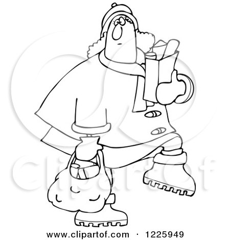 Clipart of an Outlined Chubby Woman Carrying Grocery Bags - Royalty Free Vector Illustration by djart