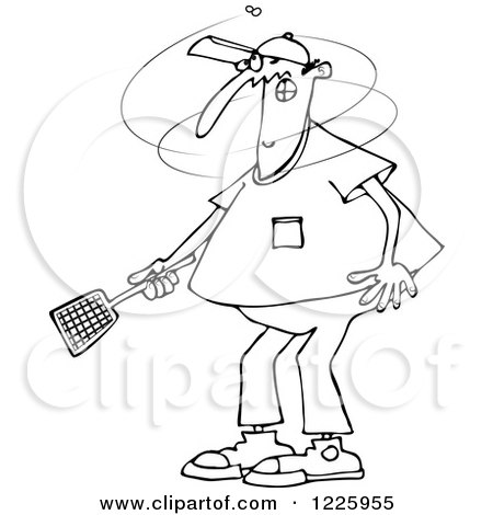 Clipart of an Outlined Man Trying to Kill a Fly with a Swatter - Royalty Free Vector Illustration by djart