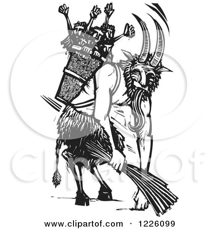 Clipart of a Black and White Woodcut Christmas Krampus Beast - Royalty Free Vector Illustration by xunantunich