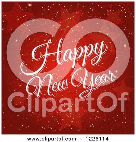 Clipart of a Happy New Year Greeting over Red Stars and Gold Sparkles - Royalty Free Vector Illustration by elaineitalia