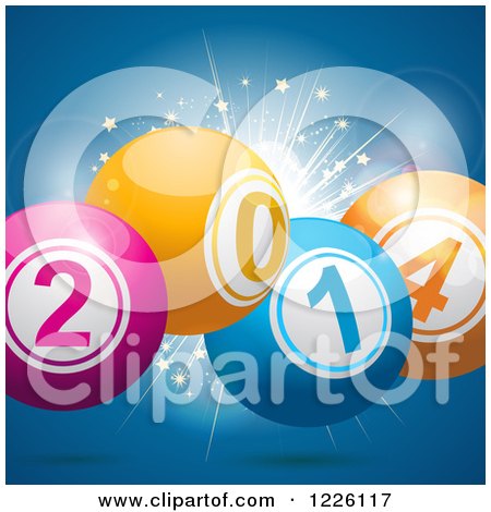 Clipart of a 3d New Year 2014 Bingo Balls over a Starburst on Blue - Royalty Free Vector Illustration by elaineitalia