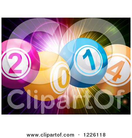 Clipart of a 3d New Year 2014 Bingo Balls over a Colorful Explosion - Royalty Free Vector Illustration by elaineitalia
