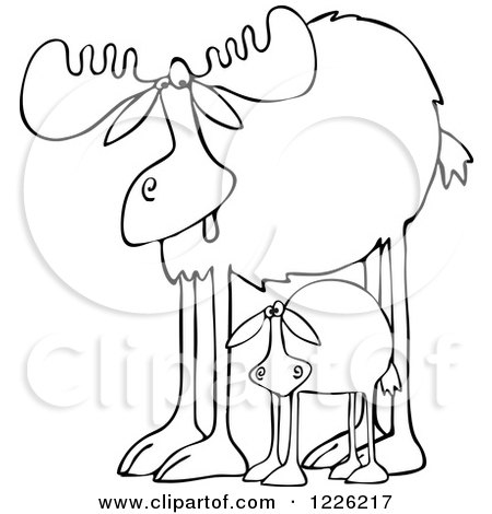 Clipart of an Outlined Mother Moose and Calf - Royalty Free Vector Illustration by djart