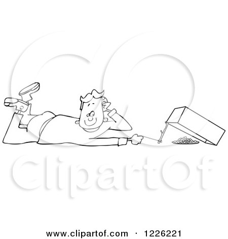 Clipart of an Outlined Boy Setting a Box Trap - Royalty Free Vector Illustration by djart