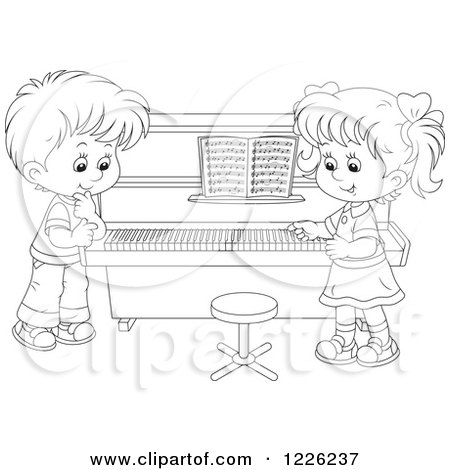 Clipart of an Outlined Boy and Girl at a Piano - Royalty Free Vector Illustration by Alex Bannykh