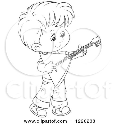 Clipart of an Outlined Boy Playing a Balalaika Guitar - Royalty Free Vector Illustration by Alex Bannykh