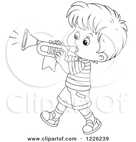Clipart of an Outlined Marching Boy Playing a Trumpet - Royalty Free Vector Illustration by Alex Bannykh