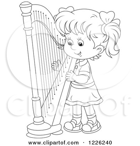 Clipart of an Outlined Girl Playing a Harp - Royalty Free Vector Illustration by Alex Bannykh