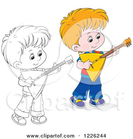 Clipart of an Outlined and Colored Boy Playing a Balalaika Guitar - Royalty Free Vector Illustration by Alex Bannykh
