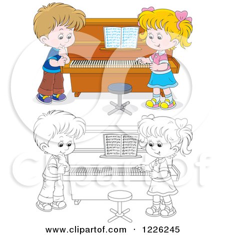 Clipart of an Outlined and Colored Boy and Girl at a Piano - Royalty Free Vector Illustration by Alex Bannykh