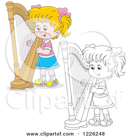 Clipart of an Outlined and Colored Girl Playing a Harp - Royalty Free Vector Illustration by Alex Bannykh