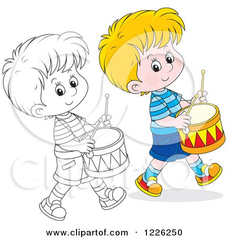 Clipart of an Outlined and Colored Boy Drummer - Royalty Free Vector Illustration by Alex Bannykh