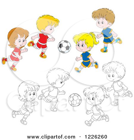 Clipart of Outlined and Colored Boys and Girls Playing Soccer - Royalty Free Vector Illustration by Alex Bannykh