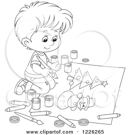 Clipart of an Outlined Boy Painting a Snowman and Christmas Tree - Royalty Free Vector Illustration by Alex Bannykh