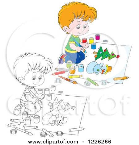 Clipart of an Outlined and Colored Boy Painting a Snowman and Christmas Tree - Royalty Free Vector Illustration by Alex Bannykh