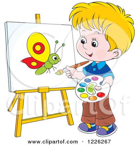 Clipart of a Caucasian Boy Painting a Butterfly on a Canvas - Royalty Free Vector Illustration by Alex Bannykh