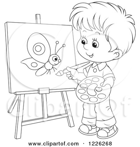 Clipart of an Outlined Boy Painting a Butterfly on a Canvas - Royalty Free Vector Illustration by Alex Bannykh