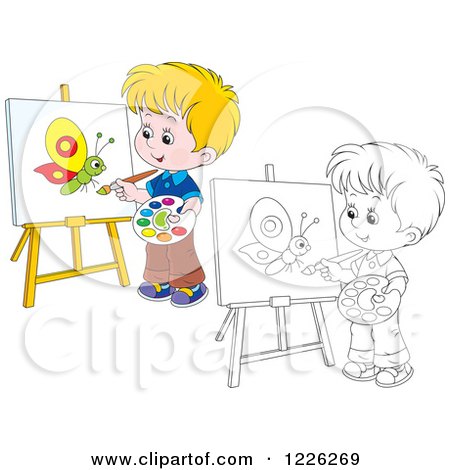 Clipart of an Outlined and Colored Boy Painting a Butterfly on a Canvas - Royalty Free Vector Illustration by Alex Bannykh