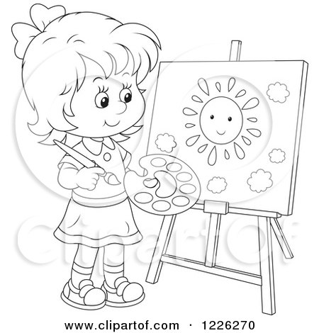 Clipart of an Outlined Girl Painting a Sun on a Canvas - Royalty Free Vector Illustration by Alex Bannykh