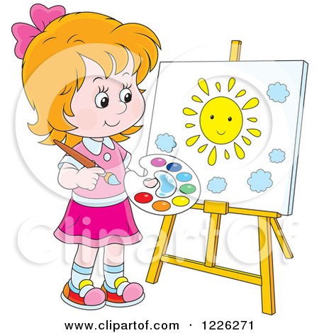 Clipart of a Caucasian Girl Painting a Sun on a Canvas - Royalty Free Vector Illustration by Alex Bannykh