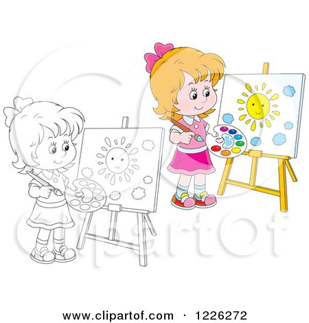 Clipart of an Outlined and Colored Girl Painting a Sun on a Canvas - Royalty Free Vector Illustration by Alex Bannykh