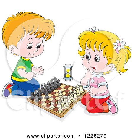 Clipart of a Happy Caucasian Boy and Girl Playing Chess - Royalty Free Vector Illustration by Alex Bannykh