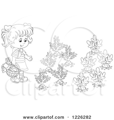 Clipart of an Outlined Girl by a Vegetable Garden - Royalty Free Vector Illustration by Alex Bannykh