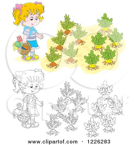 Clipart of an Outlined and Colored Girl by a Vegetable Garden - Royalty Free Vector Illustration by Alex Bannykh