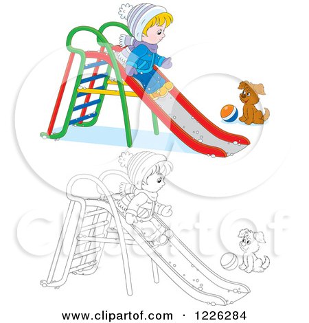 Clipart of an Outlined and Colored Puppy Watching a Boy Go down a Slide in the Snow - Royalty Free Vector Illustration by Alex Bannykh