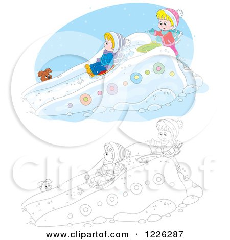 Clipart of an Outlined and Colored Puppy Watching Children Play on a Sled Snow Slide - Royalty Free Vector Illustration by Alex Bannykh