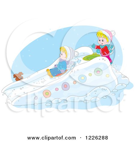 Clipart of a Puppy Watching Caucasian Children Play on a Sled Snow Slide - Royalty Free Vector Illustration by Alex Bannykh