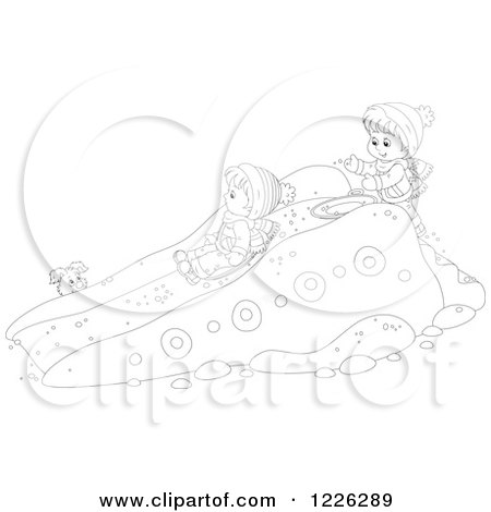 Clipart of an Outlined Puppy Watching Children Play on a Sled Snow Slide - Royalty Free Vector Illustration by Alex Bannykh