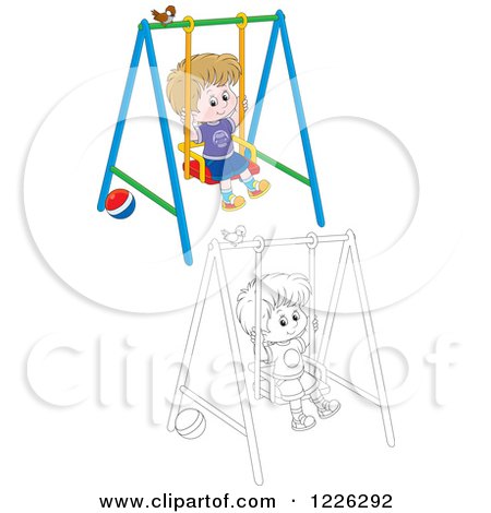 Clipart of an Outlined and Colored Boy Swinging on a Playground - Royalty Free Vector Illustration by Alex Bannykh